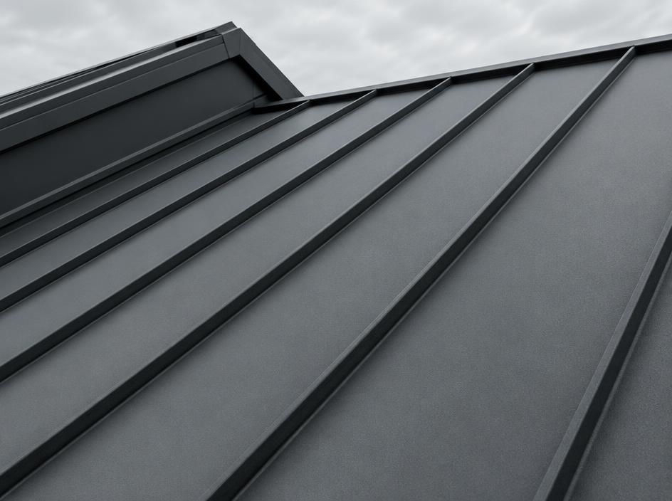 Close view of standing-seam metal roofing
