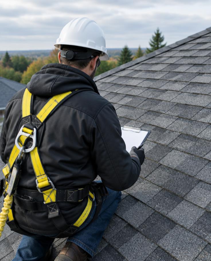 Roofing professional inspecting shingles with safety equipment