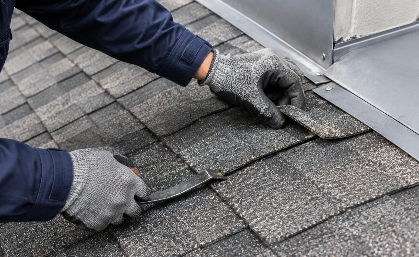 Roofing professional examining shingles beside metal flashing
