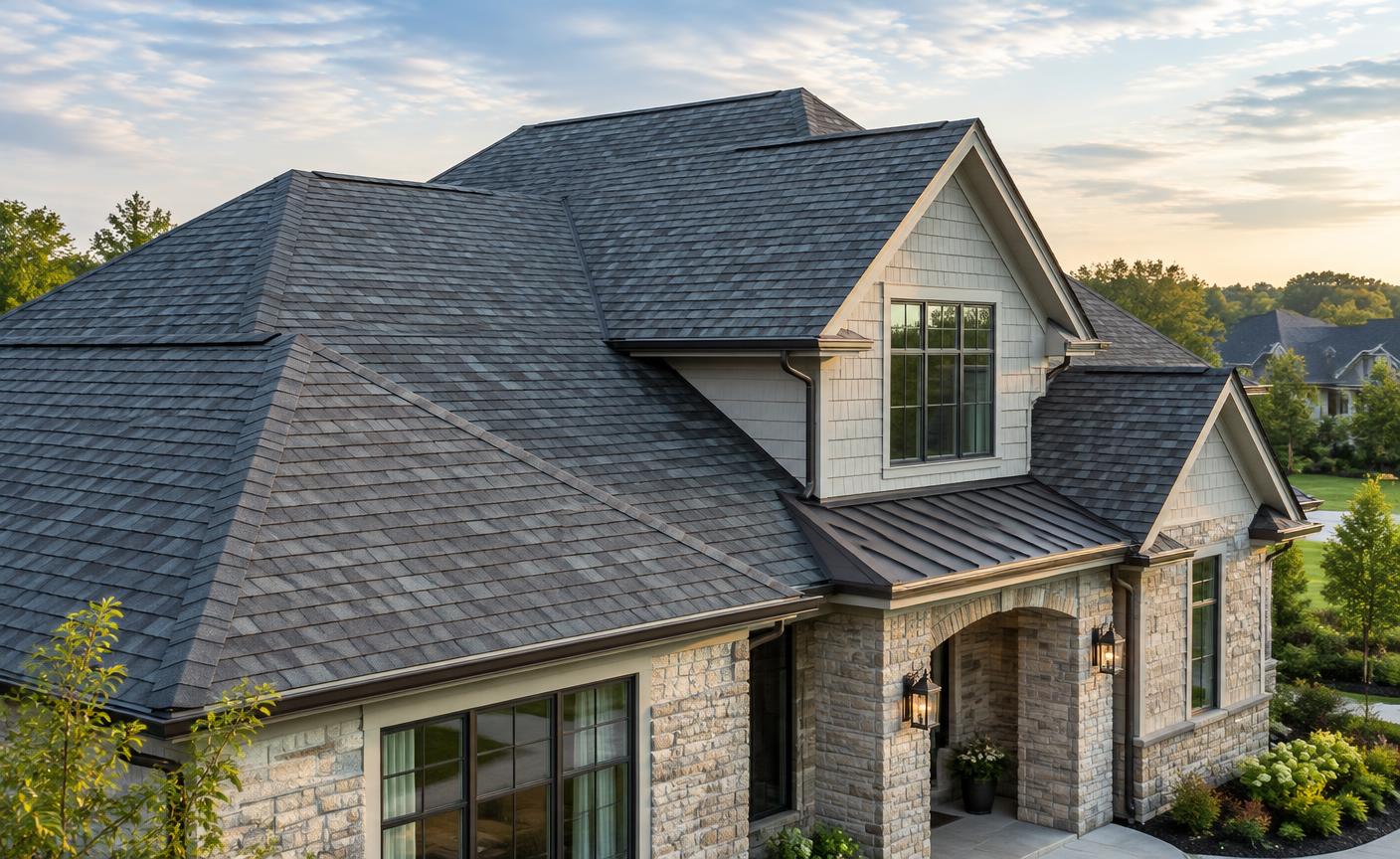 Residential roof with asphalt shingles and metal accent roofing